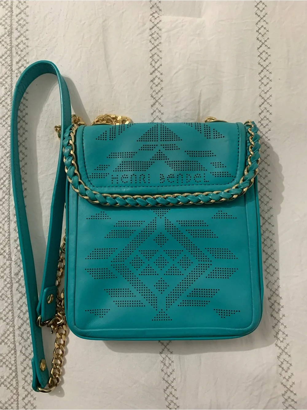 henri bendel Turquoise Perforated Crossbody with Gold Chain Trim
